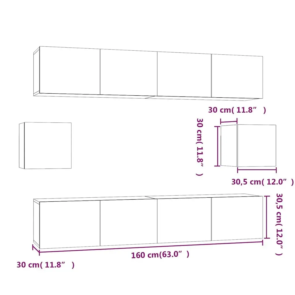 TV Cabinet Set White Wall-Mounted 6 Piece Engineered Wood Media Storage Unit