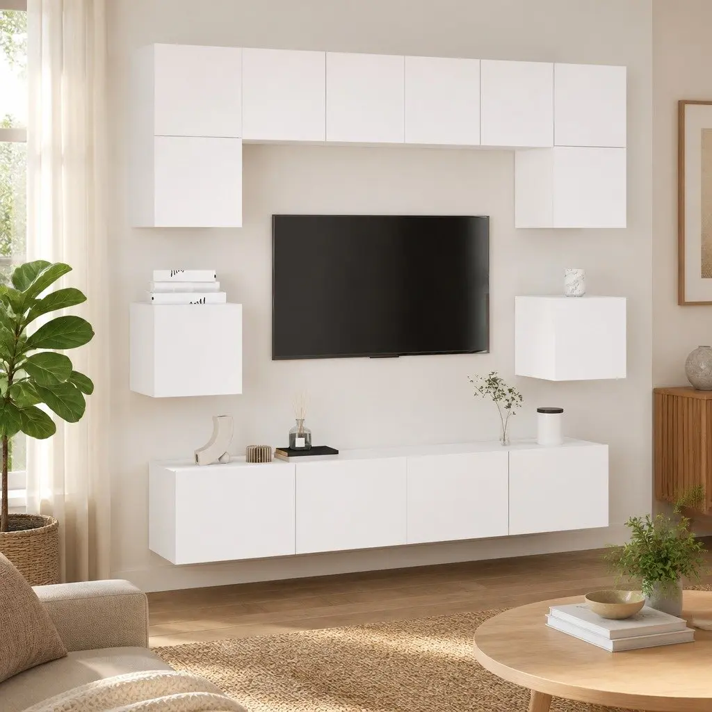 Wall-Mounted Media Storage Unit 8 Piece White Engineered Wood TV Cabinet Set