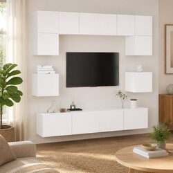 8-Piece White Wall-Mounted TV Cabinet Set