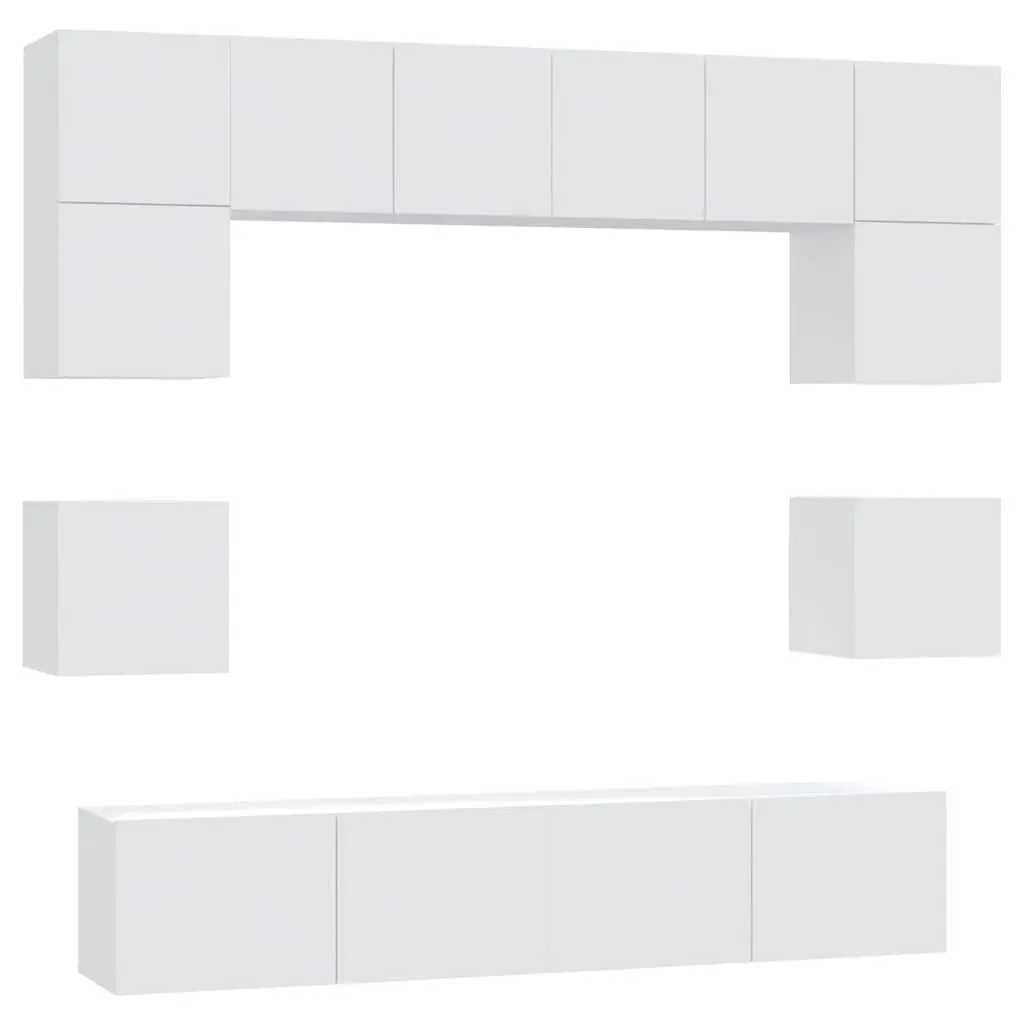 Wall-Mounted Media Storage Unit 8 Piece White Engineered Wood TV Cabinet Set