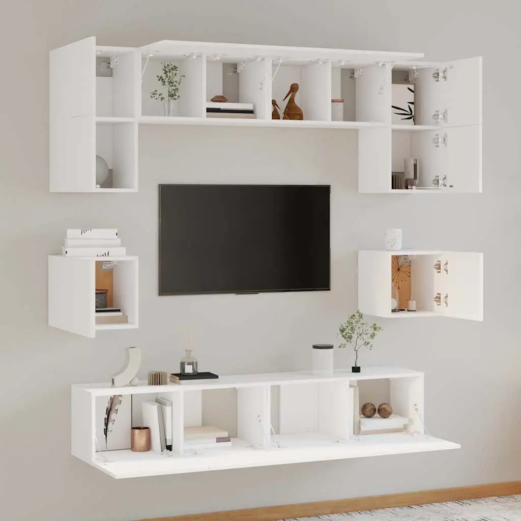 Wall-Mounted Media Storage Unit 8 Piece White Engineered Wood TV Cabinet Set