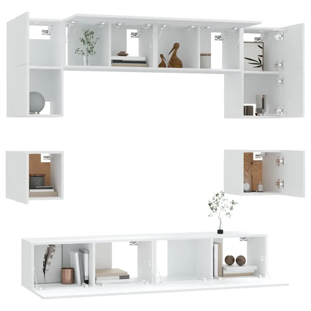 Wall-Mounted Media Storage Unit 8 Piece White Engineered Wood TV Cabinet Set