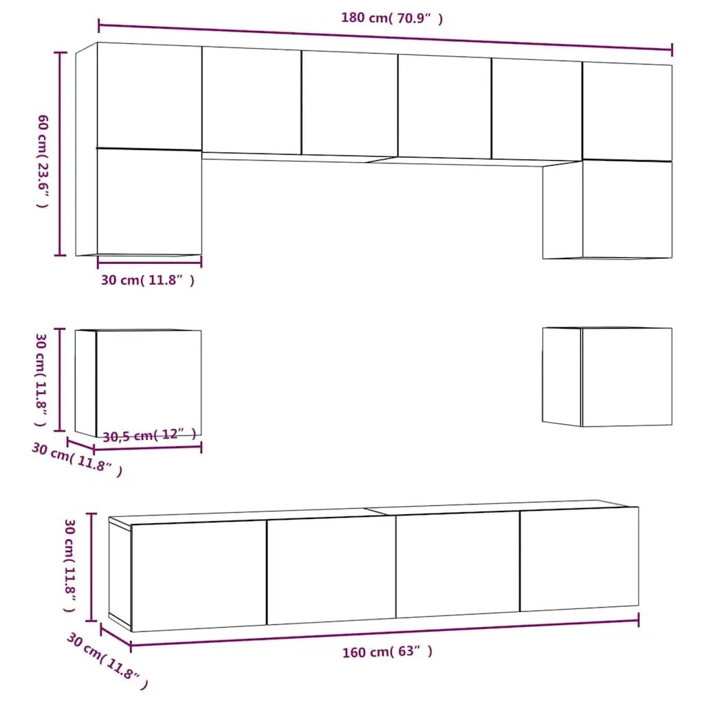Wall-Mounted Media Storage Unit 8 Piece White Engineered Wood TV Cabinet Set