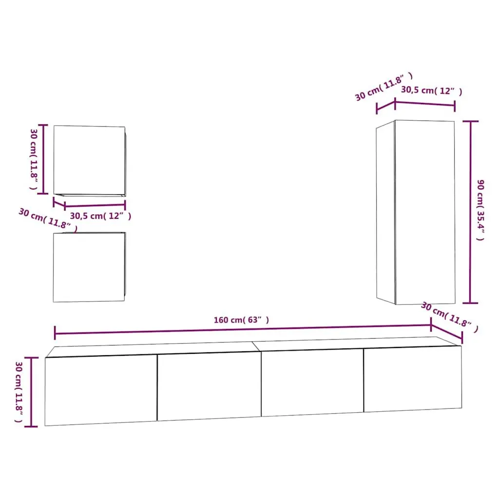 5 Piece Wall Mounted TV Cabinet Set in White