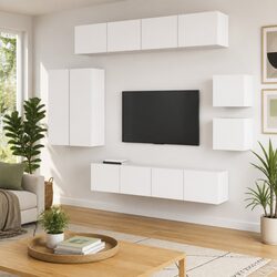 Elegant White Engineered Wood TV Cabinet Set