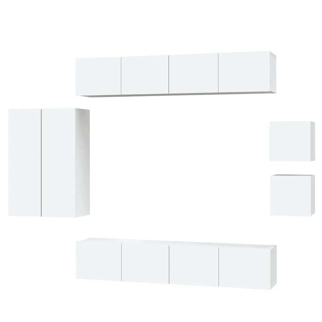 Wall-Mounted TV Cabinet Set White Engineered Wood 8 Piece Living Room Storage Unit