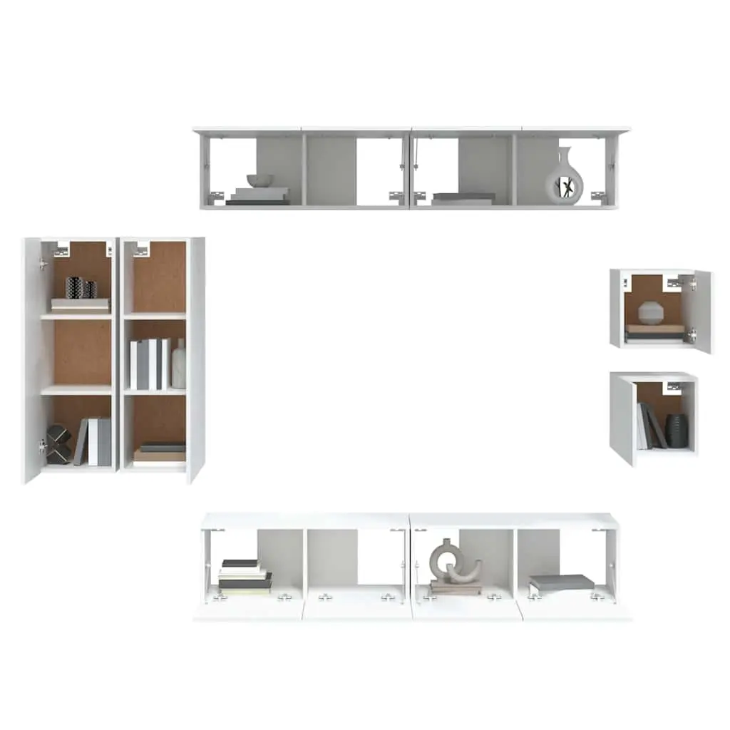 Wall-Mounted TV Cabinet Set White Engineered Wood 8 Piece Living Room Storage Unit