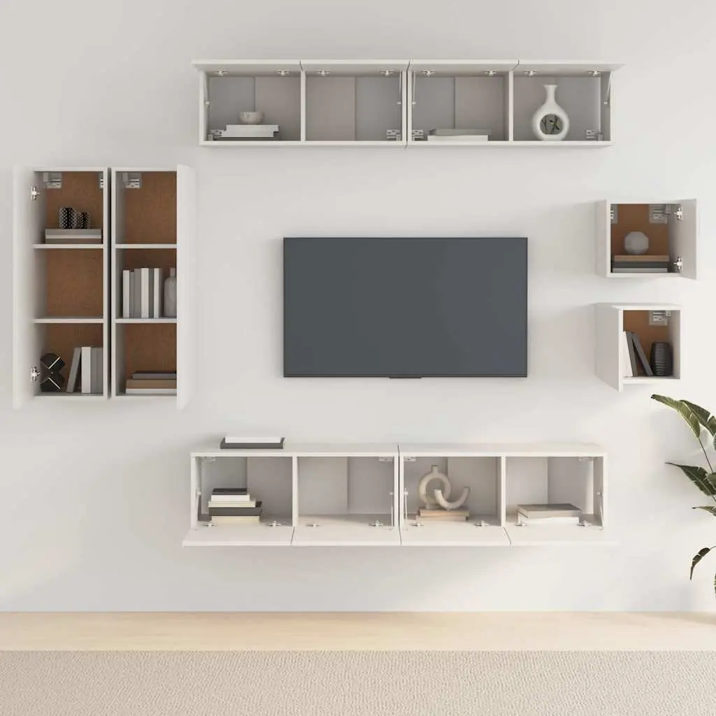 Wall-Mounted TV Cabinet Set White Engineered Wood 8 Piece Living Room Storage Unit