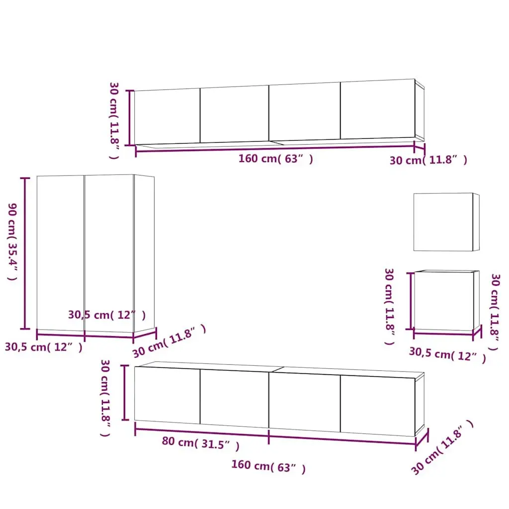 Wall-Mounted TV Cabinet Set White Engineered Wood 8 Piece Living Room Storage Unit