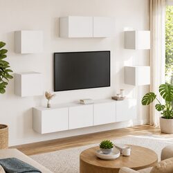 7 Piece White Wall-Mounted TV Cabinet Set