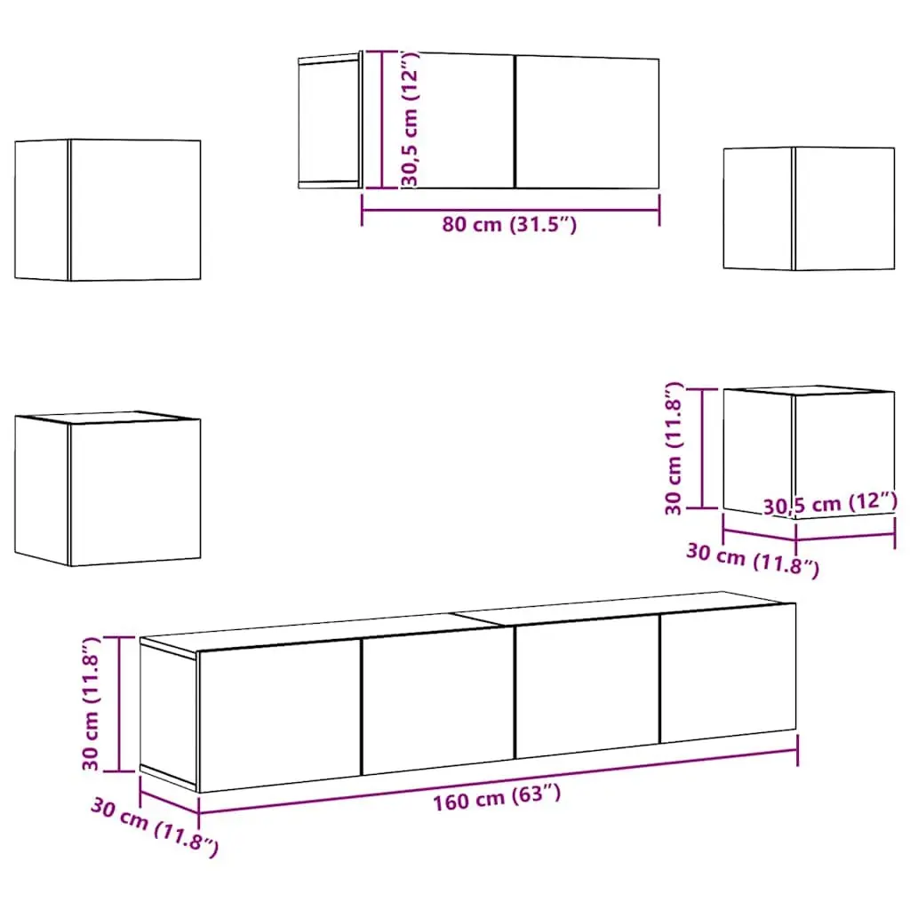 7 Piece Wall-Mounted TV Cabinet Set Engineered Wood White Storage Unit