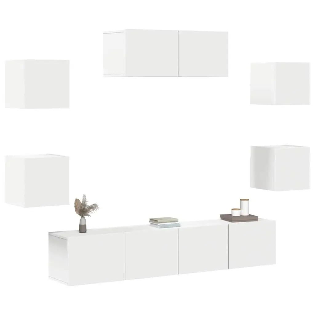 7 Piece Wall-Mounted TV Cabinet Set Engineered Wood White Storage Unit