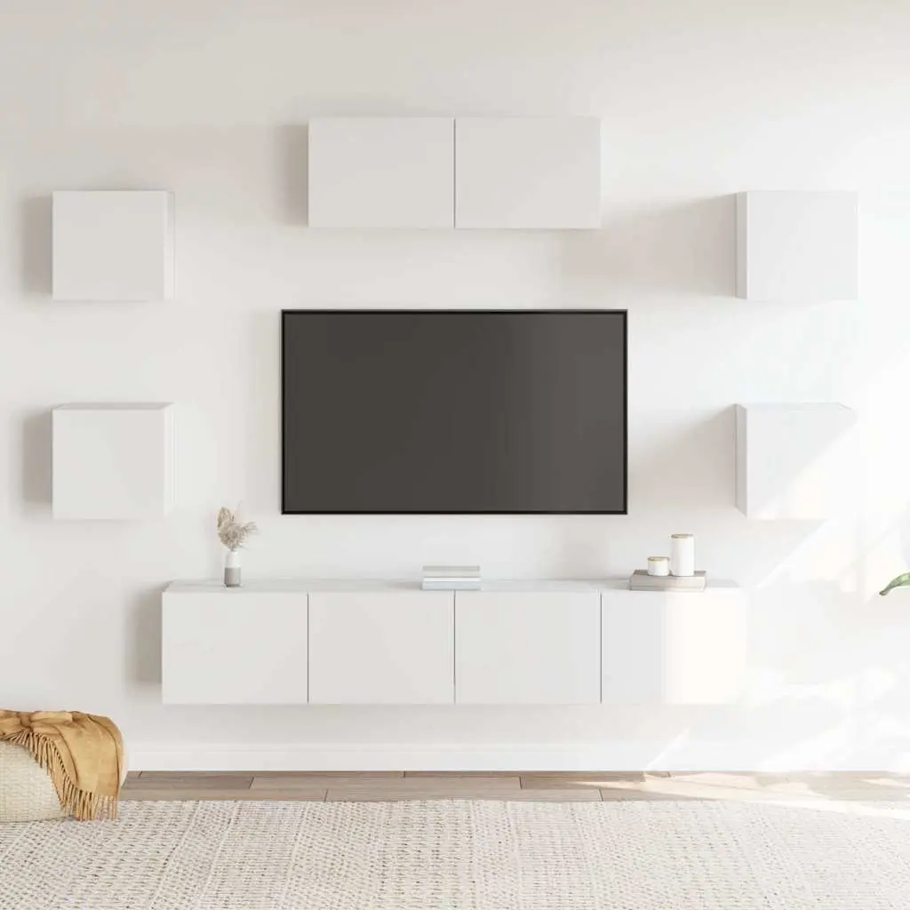 7 Piece Wall-Mounted TV Cabinet Set Engineered Wood White Storage Unit
