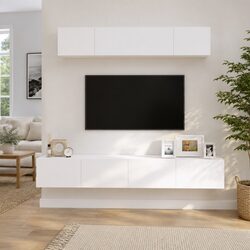 4-Piece White Wall-Mounted TV Cabinet Set
