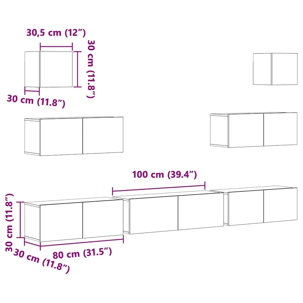 White Engineered Wood Wall-Mounted TV Cabinet Set 7 Piece Storage Unit