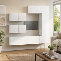 White Engineered Wood TV Cabinet Set - 6 Piece Wall Unit