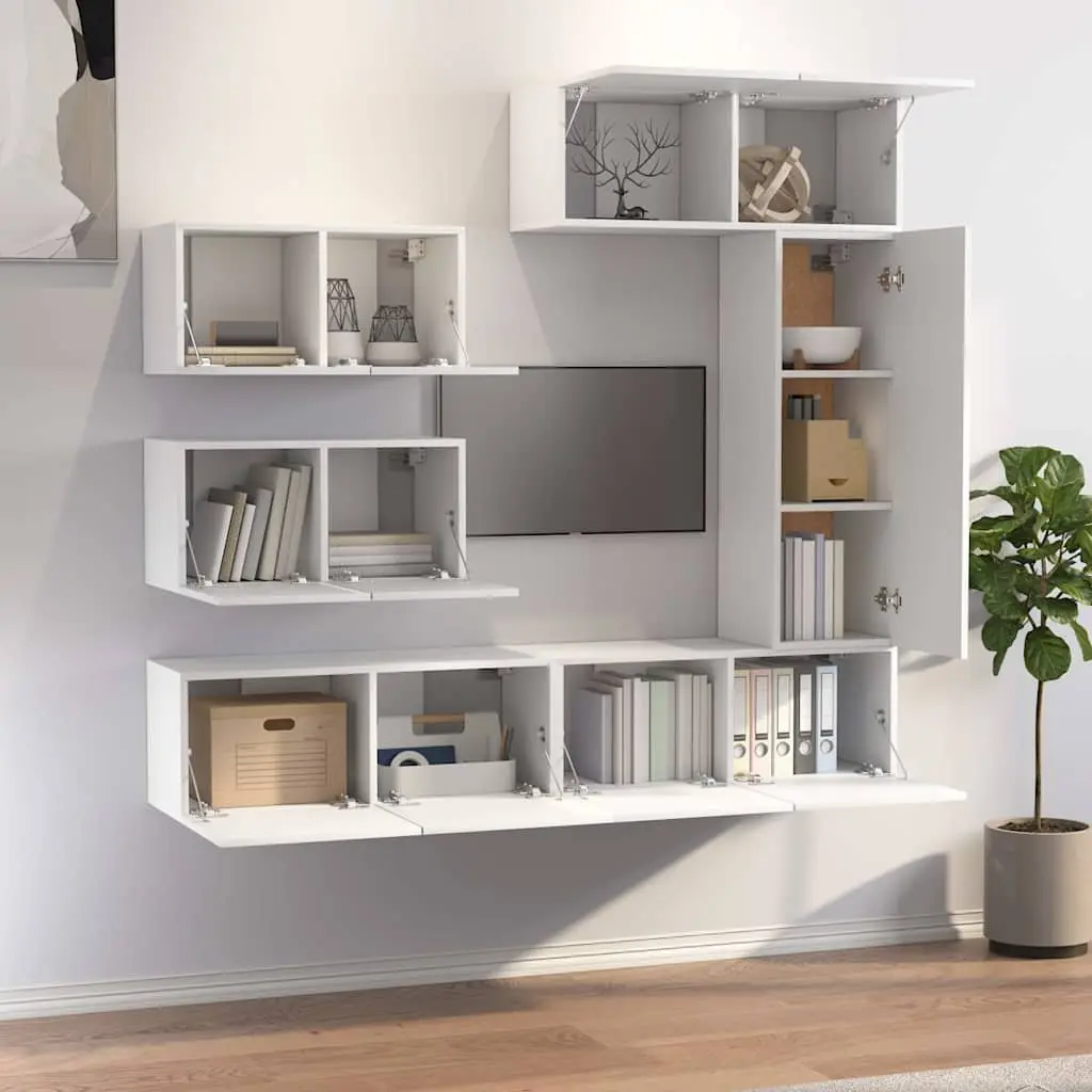 Engineered Wood TV Cabinet Set White 6 Piece Wall Mounted Storage Unit