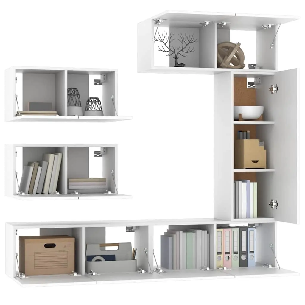 Engineered Wood TV Cabinet Set White 6 Piece Wall Mounted Storage Unit