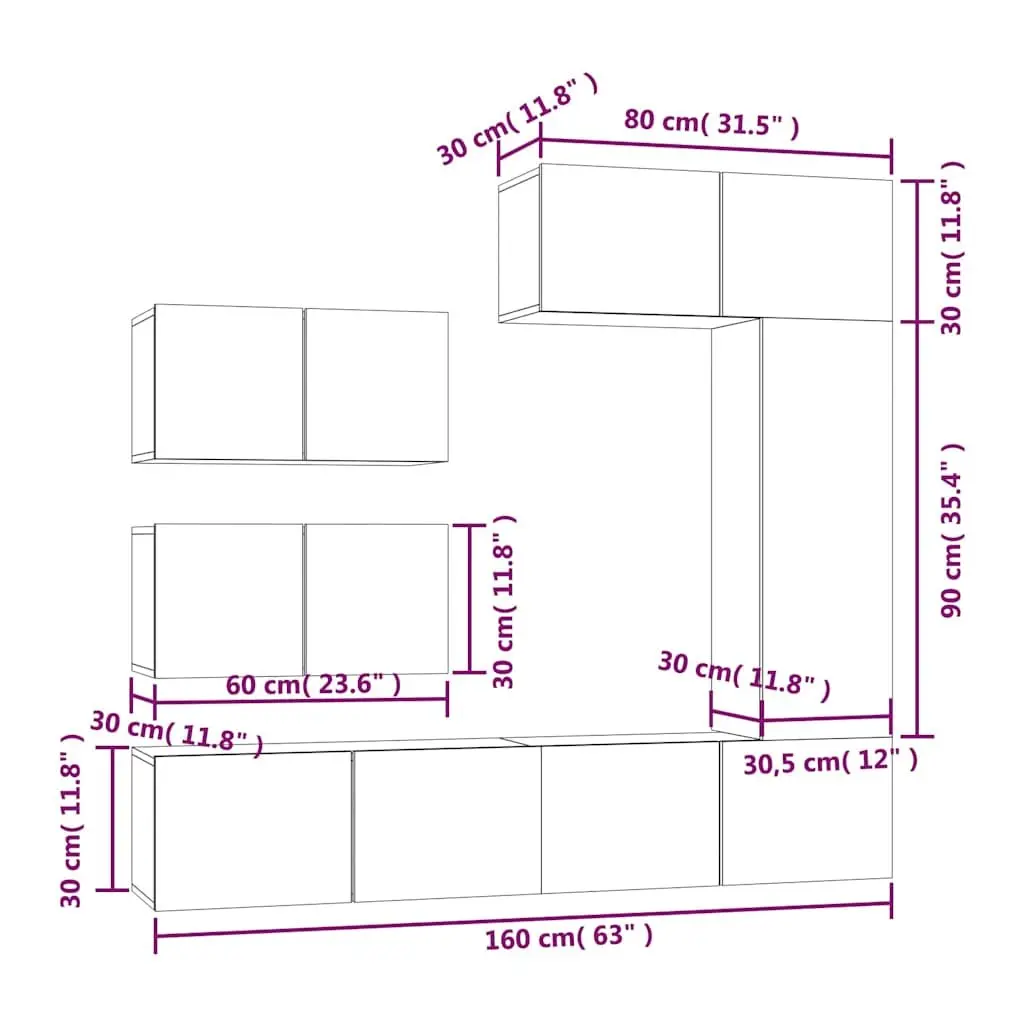 Engineered Wood TV Cabinet Set White 6 Piece Wall Mounted Storage Unit