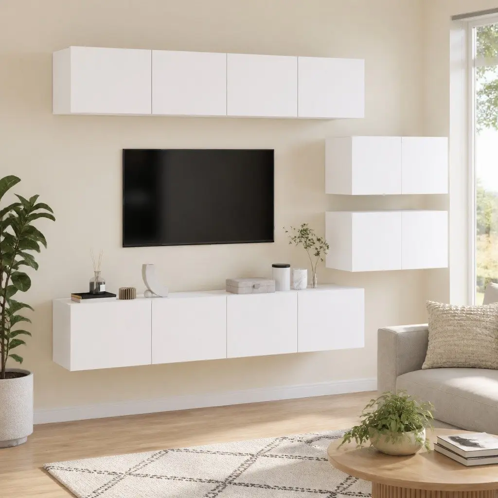 TV Cabinet Set White Wall-Mounted 4 Piece Engineered Wood Storage Unit
