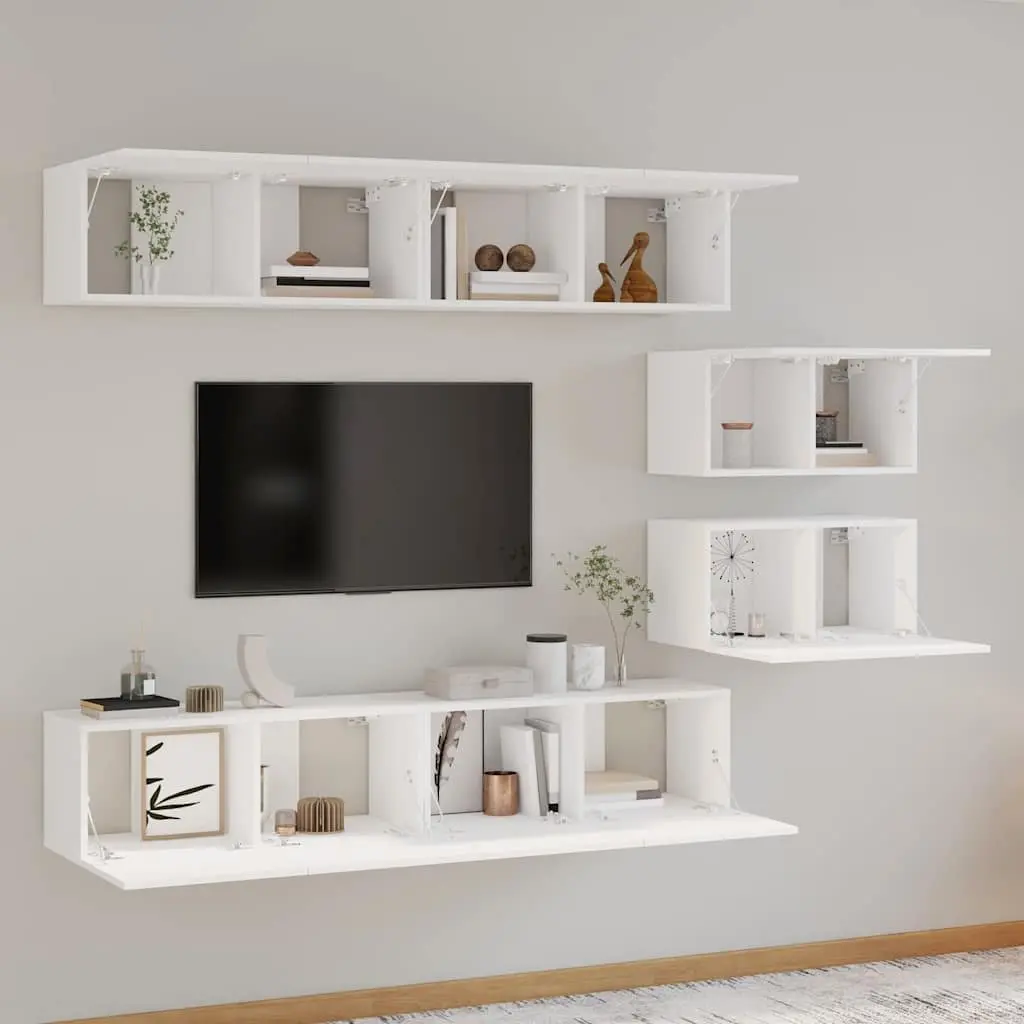 TV Cabinet Set White Wall-Mounted 4 Piece Engineered Wood Storage Unit