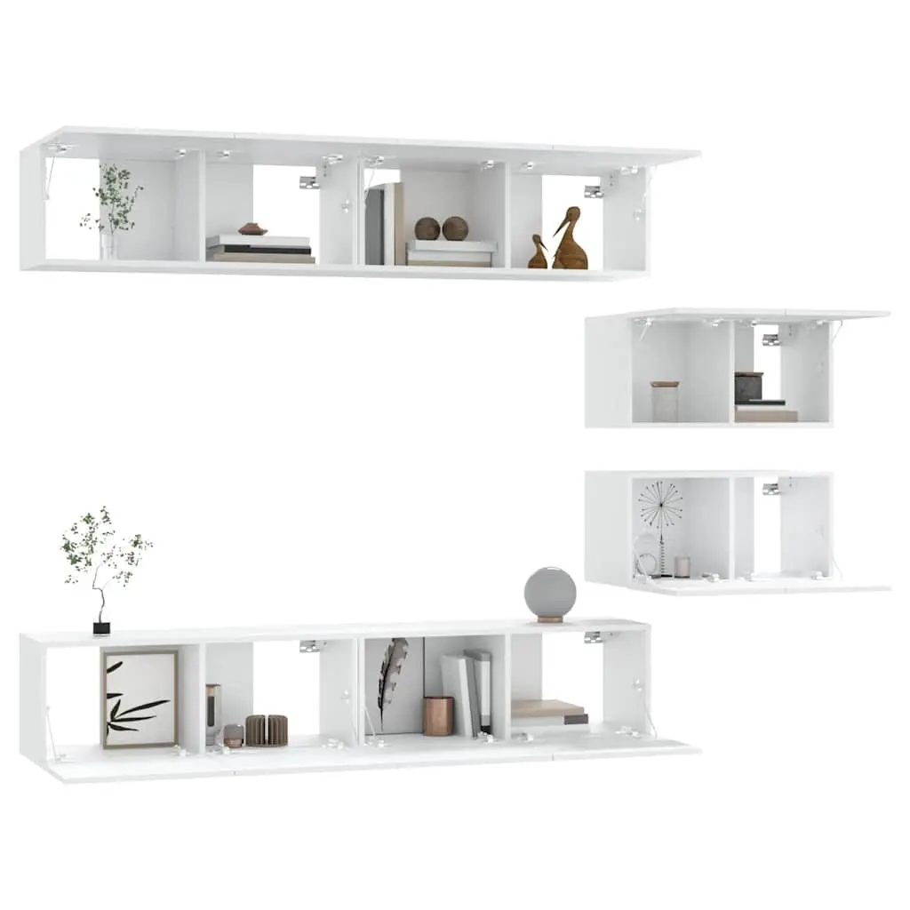 TV Cabinet Set White Wall-Mounted 4 Piece Engineered Wood Storage Unit