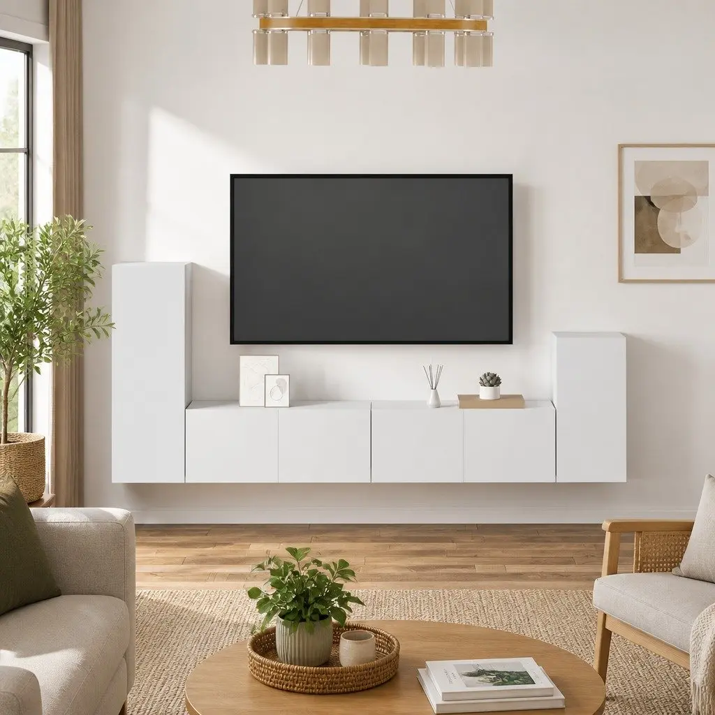 4 Piece White Wall-Mounted TV Cabinet Set Engineered Wood Storage Unit