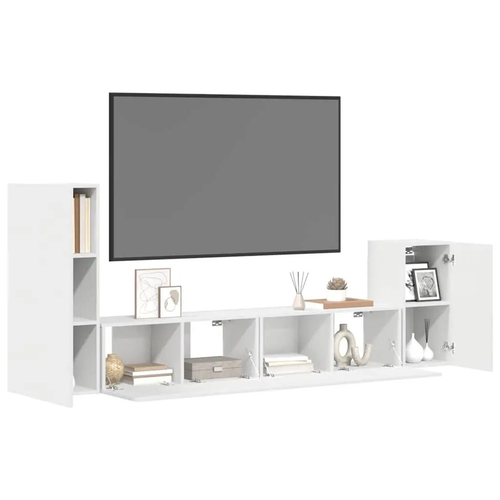 4 Piece White Wall-Mounted TV Cabinet Set Engineered Wood Storage Unit