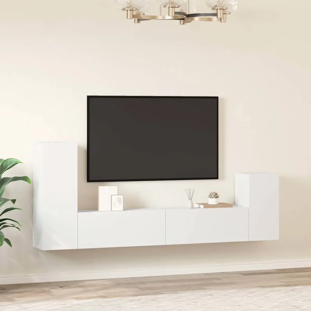 4 Piece White Wall-Mounted TV Cabinet Set Engineered Wood Storage Unit