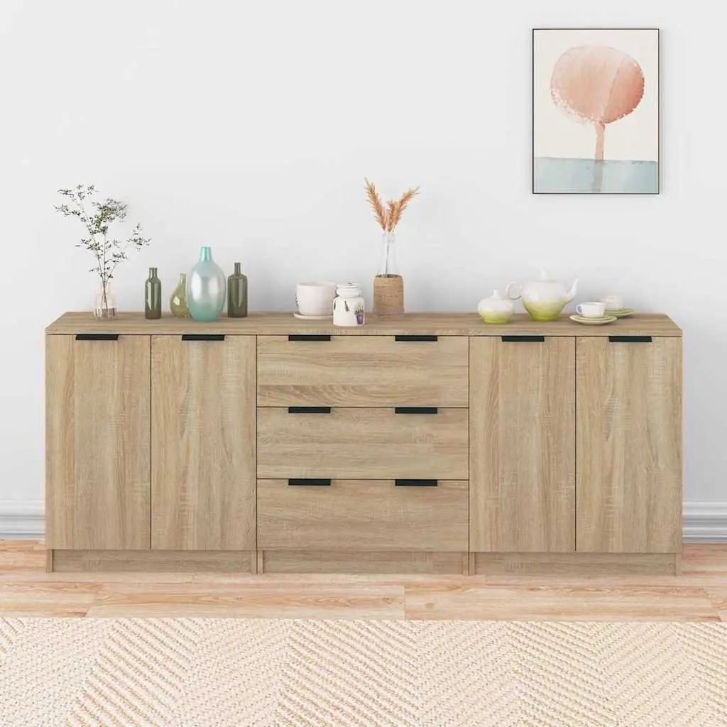 3 Piece Sideboard Cabinet Brown Engineered Wood Storage Buffet Furniture Set