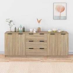 3 Piece Sideboard Cabinet Brown Engineered Wood Storage Buffet Furniture Set