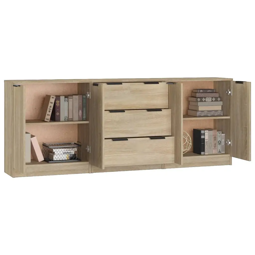 3 Piece Sideboard Cabinet Brown Engineered Wood Storage Buffet Furniture Set