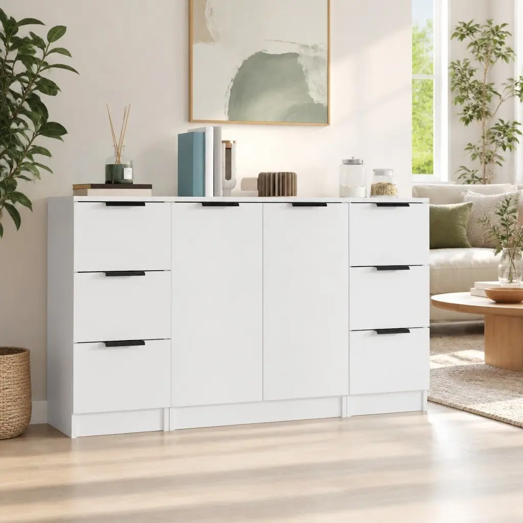 Sideboards 3 pcs White Storage Cabinet Engineered Wood Bedroom Living Room