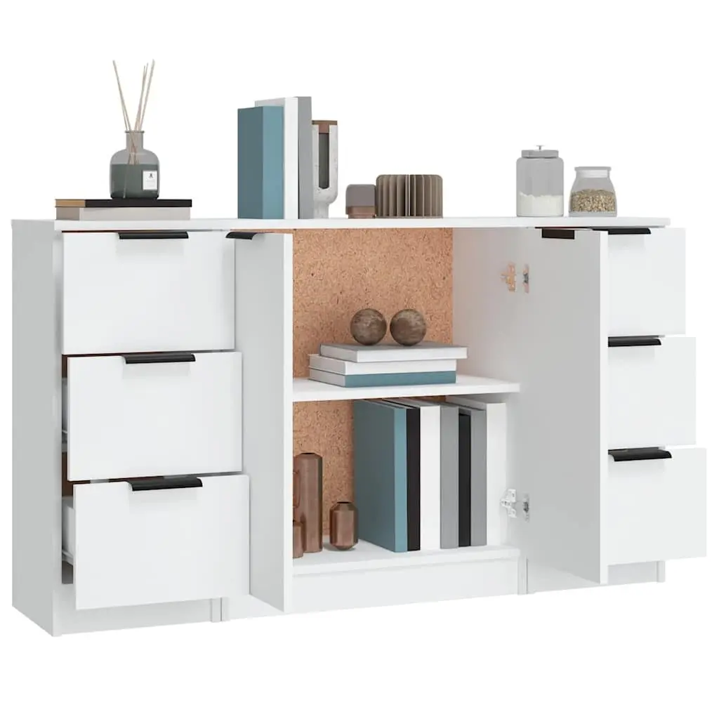 Sideboards 3 pcs White Storage Cabinet Engineered Wood Bedroom Living Room
