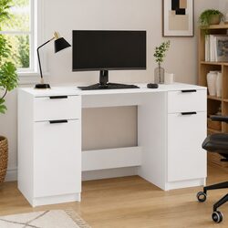 White Writing Table with Side Cabinet Storage