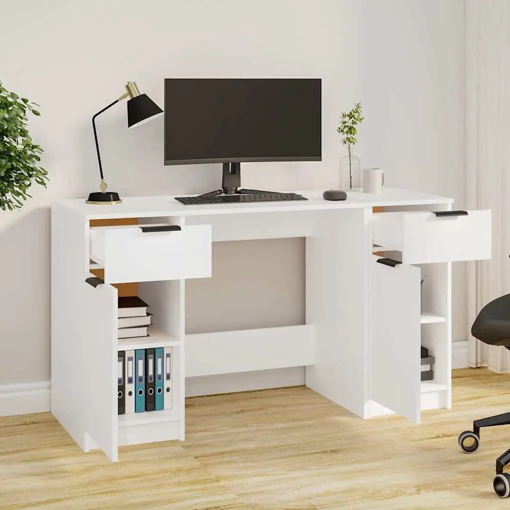 White Writing Table with Side Cabinet Storage