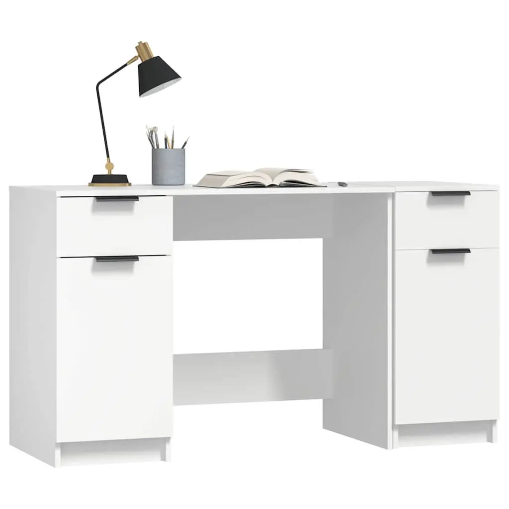 White Writing Table with Side Cabinet Storage