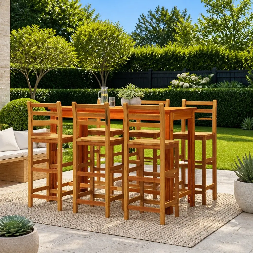 Bar Stools Rustic Brown 6 Piece Solid Wood Acacia Outdoor Seating with Backrest Footrest