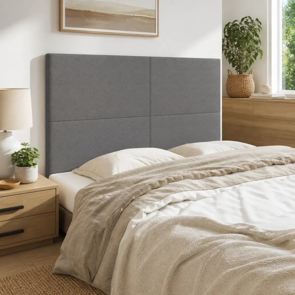 Grey Fabric Bed Head with Adjustable Wooden Legs