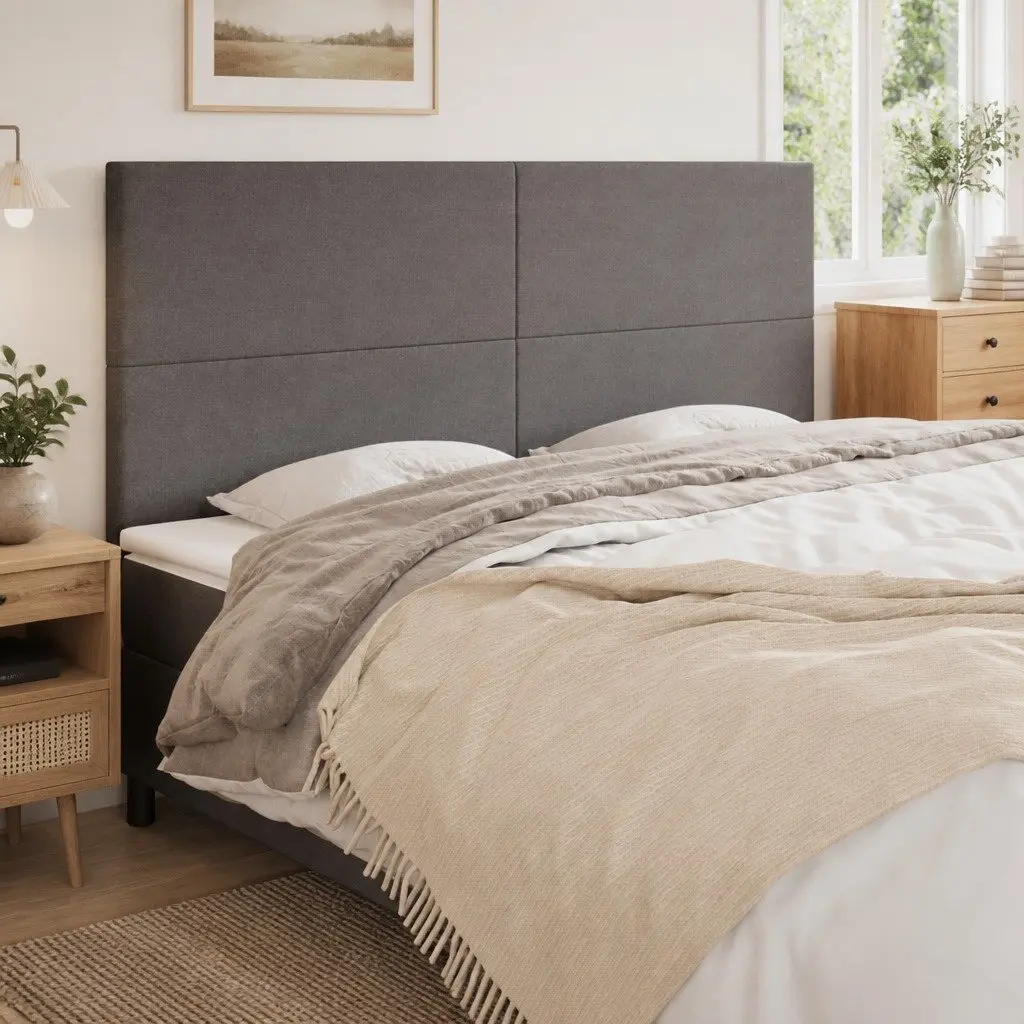 Adjustable Height Grey Fabric Headboard with Wooden Legs