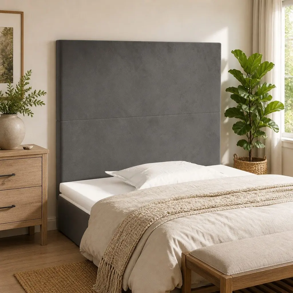 Grey Velvet Headboard with Adjustable Height and Wooden Legs