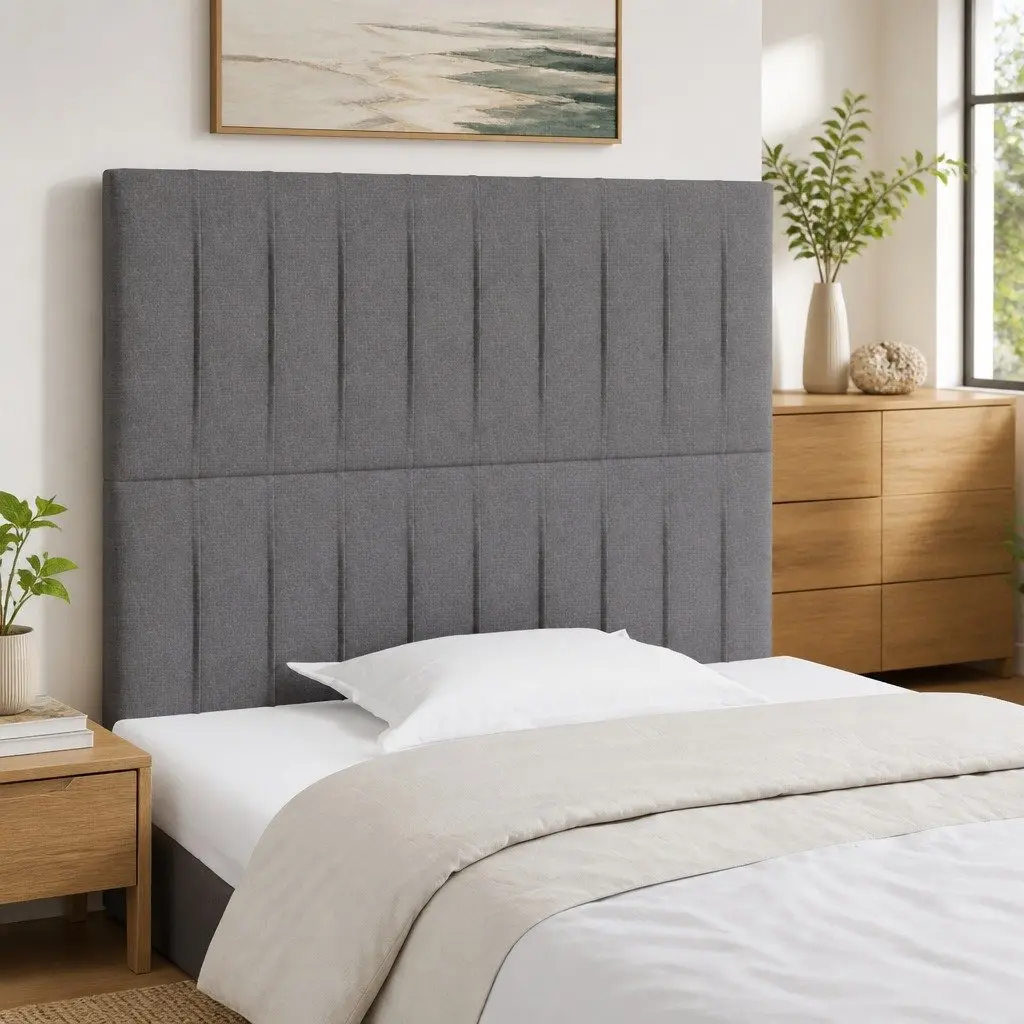 Grey Fabric Headboard with Adjustable Height and Wooden Legs