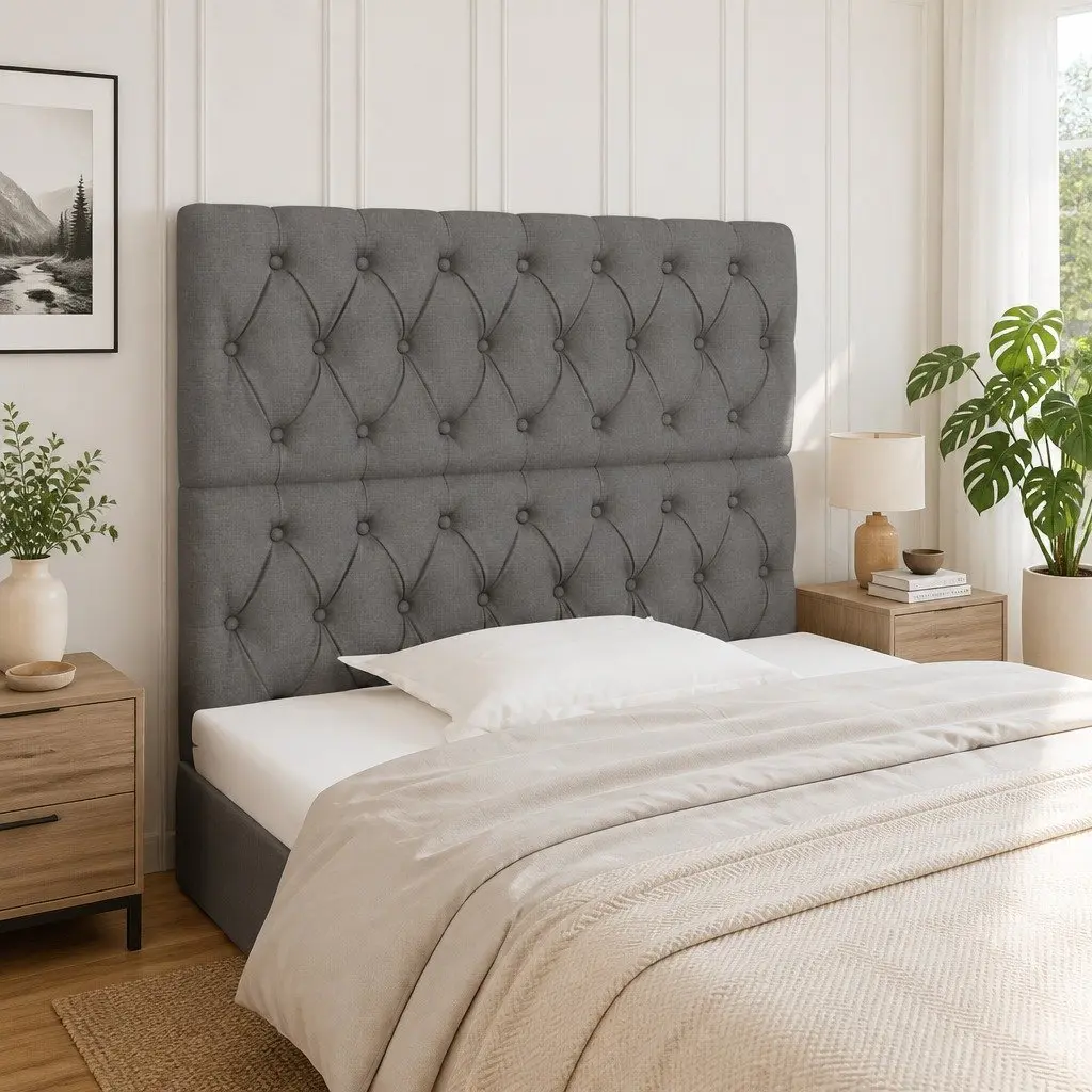 Fabric Headboard Grey Adjustable Height Bedroom Bed Back Support Wooden Legs