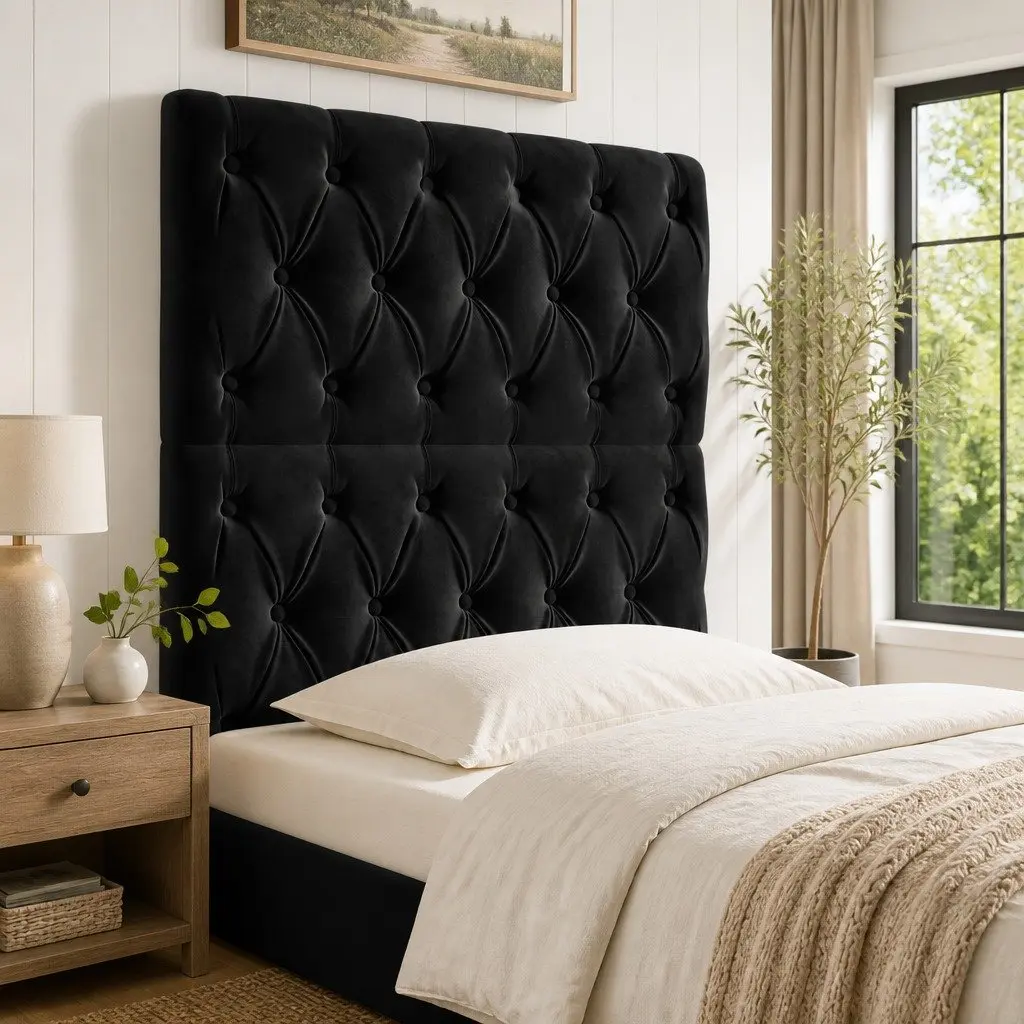 Upholstered Velvet Headboard in Black 80x7x118/128 cm