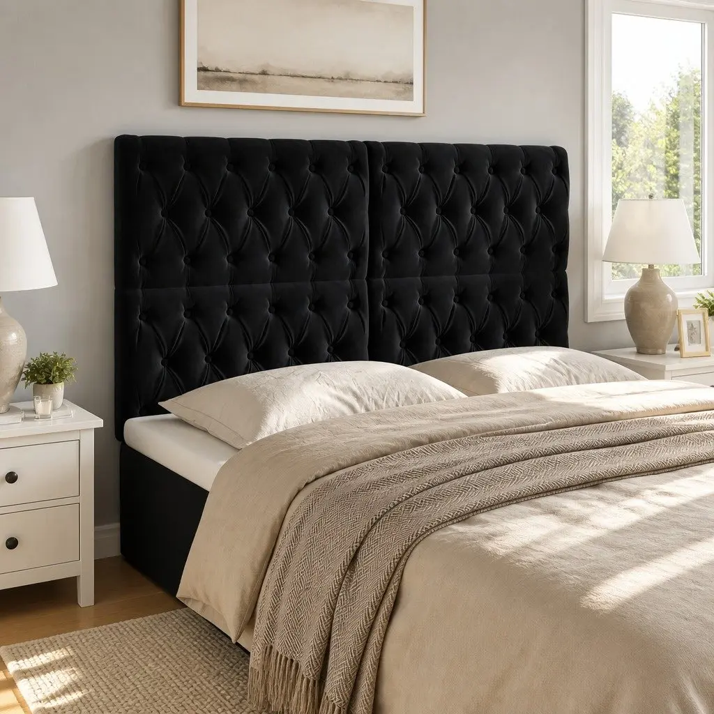 Adjustable Height Velvet Headboard Black Wooden Legs Bedroom Backrest 144x7x118128cm