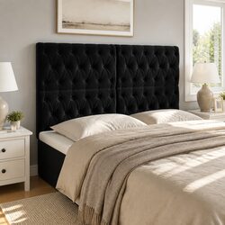 Black Velvet Headboard with Adjustable Height and Wooden Legs