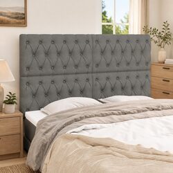 Grey Fabric Headboard with Wooden Legs and Adjustable Height