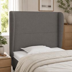 Fabric Upholstered Headboard with Ears in Dark Grey