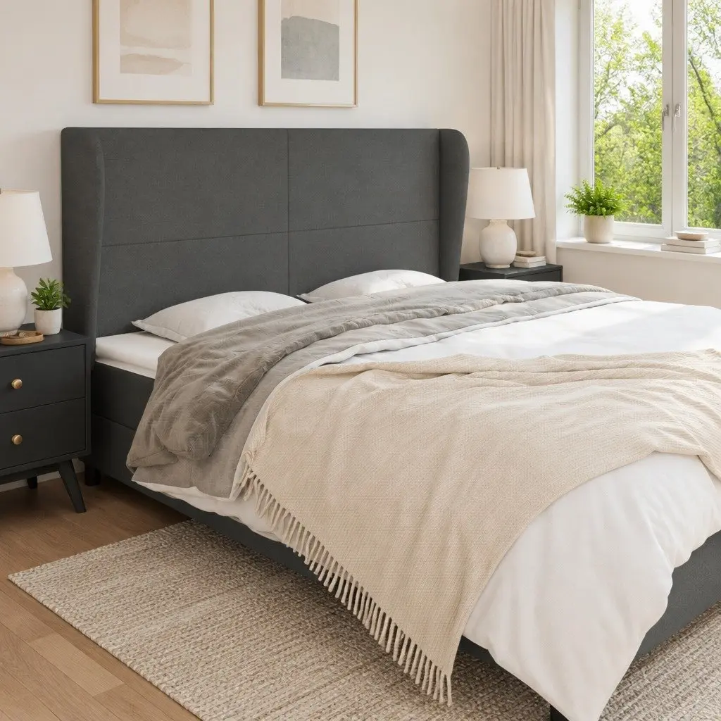 Headboard with Ears Dark Grey 203cm Fabric Bed Head Support