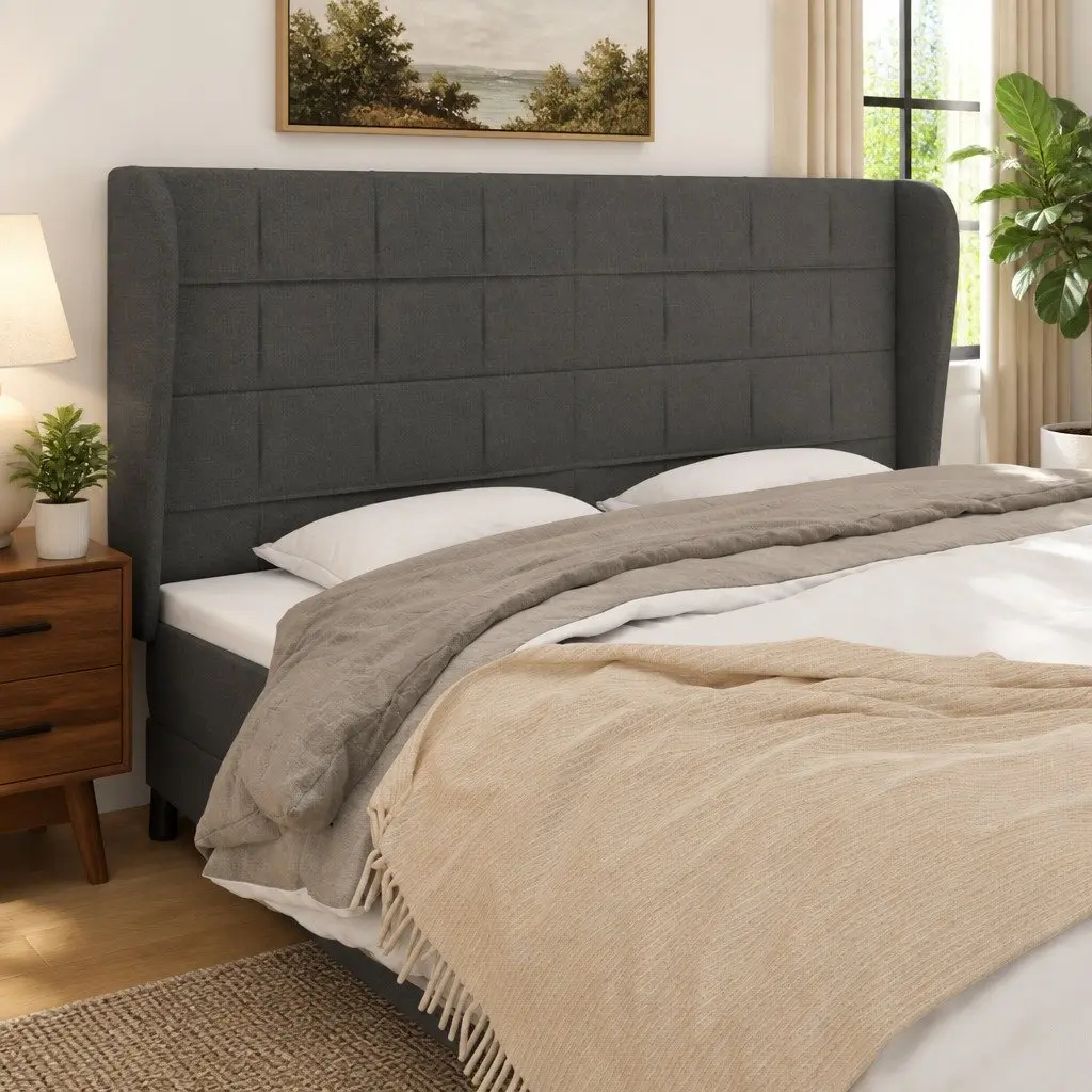 Dark Grey Fabric Headboard with Ears Wooden Legs Adjustable Height Bedroom